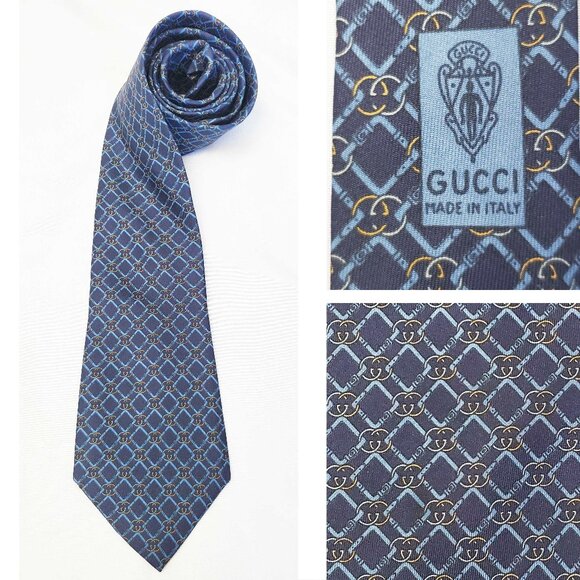 Gucci Mens Vintage GG Logo Neck Tie Navy Silk - Picture 1 of 8